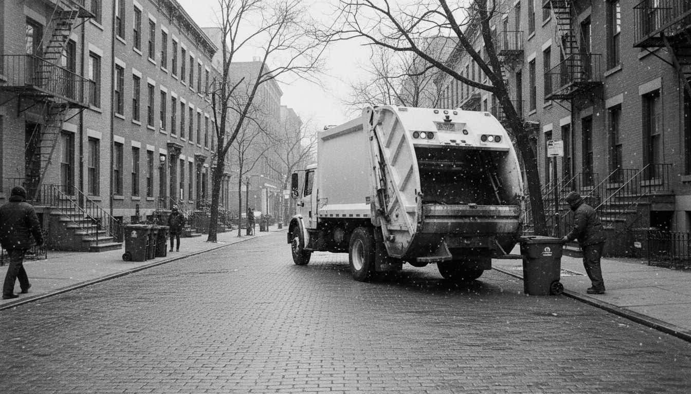 Rear-loader collection truck on a brick-paved Northeast urban street in light winter weather